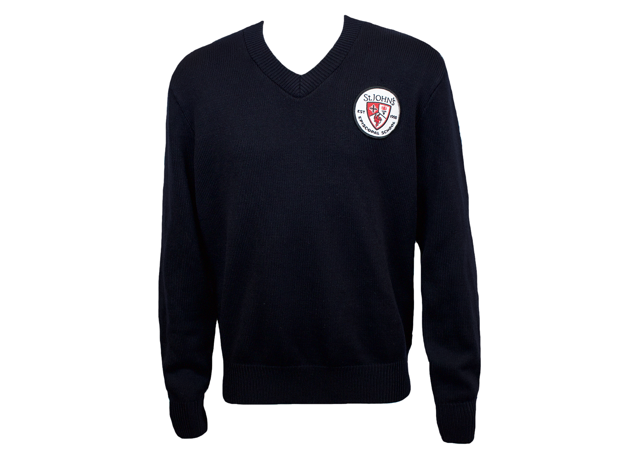 used-v-neck-pullover-sweater-navy-with-patch-middle-school-dennis